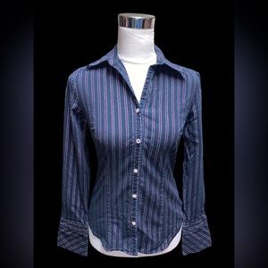 George Stretch Black With Pink Pin Stripe Button Down Blouse Size Ladies Small